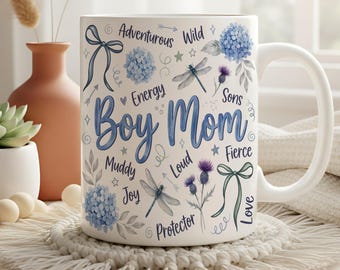Boy Mom Mug Gift for Mom of Boys Blue Floral Dragonfly Coffee Cup Mothers Day Birthday Gift Cute Meaningful Mom Present Idea