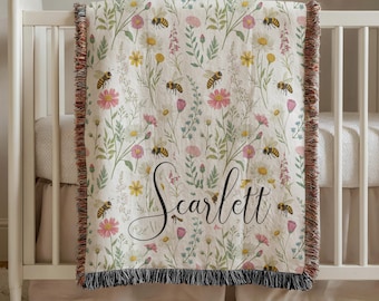 Custom Blanket With Name, Blanket Floral, Gift Blanket For Girl, Baby Shower Gift For Girl, Boho Girl Nursery Decor, Bee Lover, Baby Blanket