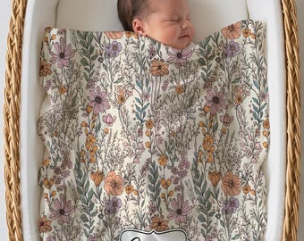 Personalized Baby Girl Floral Wildflower Blanket with Name Custom Newborn Swaddle Blanket Boho Nursery Receiving Blanket Baby Shower Gift