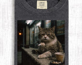 Funny Smoking Cat Shirt Comfort Colors, Vintage Cat Meme Tee, Edgy Grunge Aesthetic Graphic, Cool Cat Streetwear Gift Unisex Smoke Kitty Tee