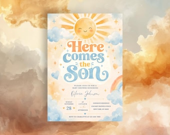 Here Comes the Son Baby Shower Invitation Template, Sun Invite, Watercolor Sunshine Boy, Editable Printable Invite