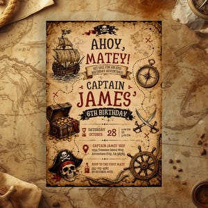May include: A rectangular pirate-themed birthday invitation on aged parchment paper featuring a sailing ship, a treasure chest, a skull and crossbones, a compass, crossed swords, and a ship wheel. The text reads Ahoy, Matey! Captain James' 6th Birthday.