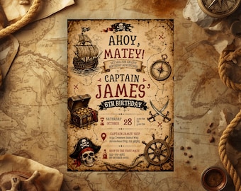 Editable Pirate Map Invitation, Kids Party Invite, Ahoy Matey Birthday Invite, Printable Canva Template