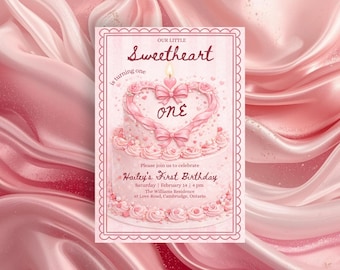Editable Little Sweetheart Invitation, Valentine First Birthday Invite, Pink Cake Heart Girl 1st Birthday