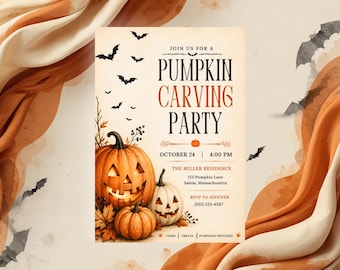 Pumpkin Carving Invitation, Halloween Invite, Editable Fall Pumpkin, Jack O'Lantern Party