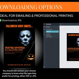 May include: A Halloween party invitation with the text "Halloween Night Awaits..." and "You're Invited to a Halloween Party." The invitation features a scary face and a pumpkin. The image also shows downloading options.
