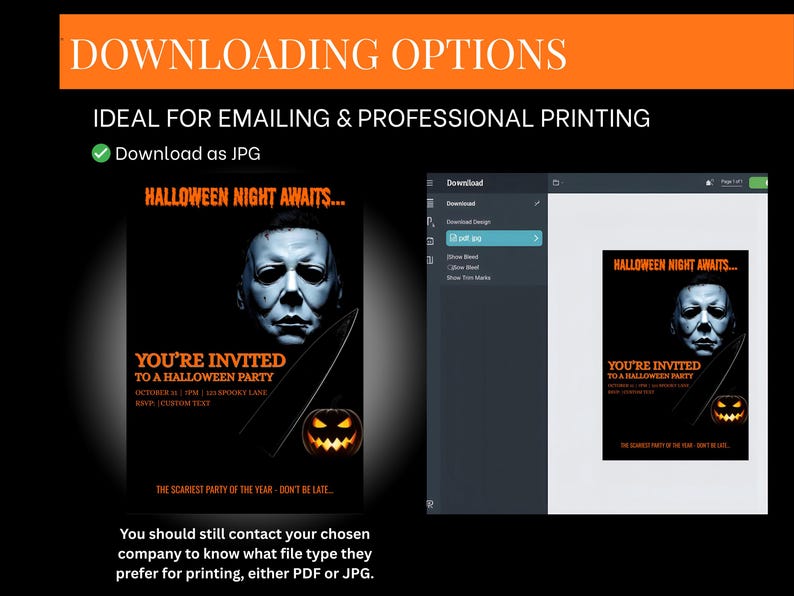 May include: A Halloween party invitation with the text "Halloween Night Awaits..." and "You're Invited to a Halloween Party." The invitation features a scary face and a pumpkin. The image also shows downloading options.