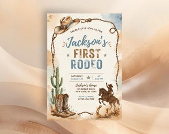 Western Rodeo Geburtstagseinladungsvorlage, Cowboy erste Einladung, Wild West Party, bearbeitbare druckbare, Boy Rodeo Theme