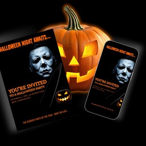 May include: A Halloween-themed image featuring a carved orange pumpkin with a glowing interior. Two invitations and a smartphone display are in the foreground, all with the text "Halloween Night Awaits..." and "You're Invited to a Halloween Party."