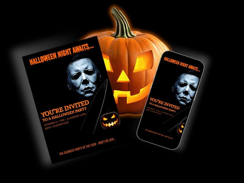 May include: A Halloween-themed image featuring a carved orange pumpkin with a glowing interior. Two invitations and a smartphone display are in the foreground, all with the text "Halloween Night Awaits..." and "You're Invited to a Halloween Party."