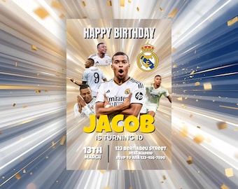 Kylian Mbappe Soccer Birthday Invitation Editable Real Madrid Party Template Digital Download, BBD002