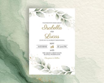 Sage Greenery Wedding Invitation Template, Eucalyptus Wedding Invite, Gold Botanical, BWD003