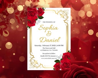 Red Roses Gold Wedding Invitation Editable Canva Template Elegant Floral