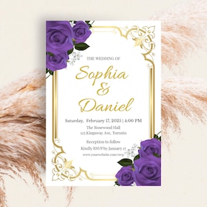 Purple Rose Wedding Invitation Elegant Floral Gold Frame Canva Template