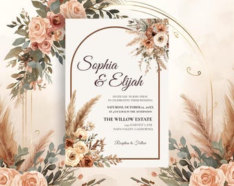Boho Pampas Wedding Invitation Rustic Floral Editable Canva Template, BWD001