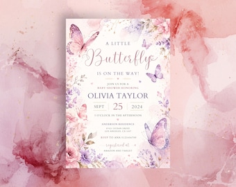 Watercolor Butterfly Baby Shower Invitation Template, Pink Purple Floral Invite, Editable Printable Download