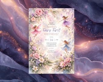 Fairy First Birthday Invitation Template, Editable 1st Birthday Invite, Pink Floral Girl Party