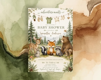 Woodland Baby Shower Invitation Template, Forest Animals Invite, Adventure Awaits, Editable Invite, BBS001