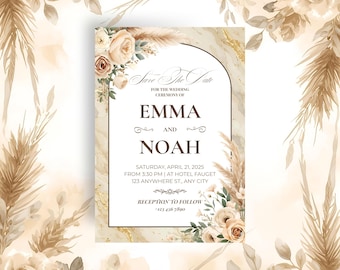 Elegant Boho Pampas Wedding Invitation Template Beige Floral Editable Canva Template, BWD001