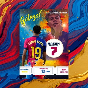 May include: A colourful invitation design with an abstract background. The invitation features a soccer player in a jersey with the number 19 and the name Lamine Yamal. The text "Golazo!" is displayed, along with details for a birthday party.