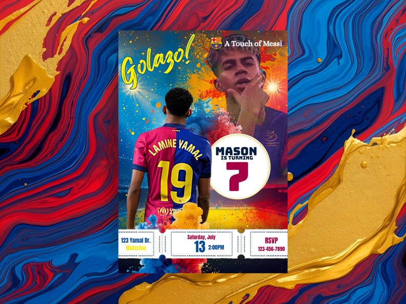 K&ouml;nnte beinhalten: Eine lebendige Einladung mit einem farbenfrohen abstrakten Hintergrund. Die Einladung zeigt einen Fu&szlig;ballspieler in einem Trikot mit der Nummer 19 und dem Namen Lamine Yamal. Der Text "Golazo!" wird zusammen mit Details f&uuml;r eine Geburtstagsfeier angezeigt.