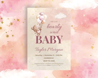 Pink Bear Baby Shower Invitation Girl Editable Canva Template