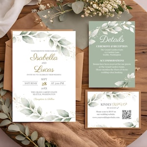 May include: Wedding stationery set with a main invitation, details card, and RSVP card. The design features elegant script, botanical illustrations, and the names "Isabella" and "Lucas". The suite is displayed on a wooden surface.