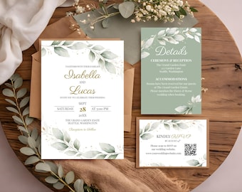 Sage Green Wedding Invitation Template Bundle, Eucalyptus Greenery Invite Set, Gold Botanical Suite, BWD003