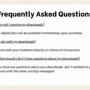 K&ouml;nnte beinhalten: Cremefarbene Grafik mit dem Titel "Frequently Asked Questions" in fetter schwarzer Schrift. Der Text beantwortet h&auml;ufig gestellte Fragen zu digitalen Downloads, einschlie&szlig;lich Bearbeitungsanweisungen und Kontaktinformationen.