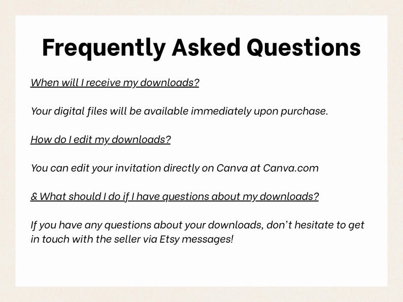K&ouml;nnte beinhalten: Cremefarbene Grafik mit dem Titel "Frequently Asked Questions" in fetter schwarzer Schrift. Der Text beantwortet h&auml;ufig gestellte Fragen zu digitalen Downloads, einschlie&szlig;lich Bearbeitungsanweisungen und Kontaktinformationen.
