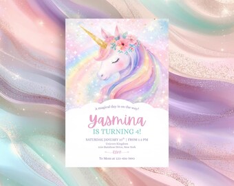Unicorn Birthday Invitation Template Pastel Rainbow Unicorn Invite Editable Canva Printable