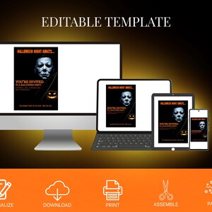 May include: A Halloween party invitation template, displayed on a desktop monitor, laptop, tablet, and smartphone. The invitation features a scary face and the text "Halloween Night Awaits..." and "You're Invited to a Halloween Party". The word "Editable Template" is at the top.