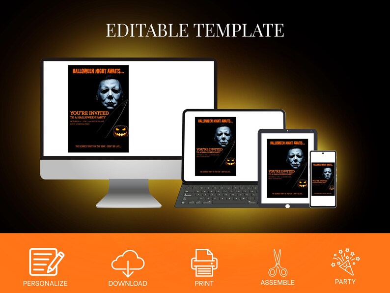 May include: A Halloween party invitation template, displayed on a desktop monitor, laptop, tablet, and smartphone. The invitation features a scary face and the text "Halloween Night Awaits..." and "You're Invited to a Halloween Party". The word "Editable Template" is at the top.