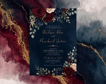 Navy Blue Burgundy Floral Wedding Invitation Template, Elegant Gold Script Invite, Moody Rose, Printable Editable Invitation