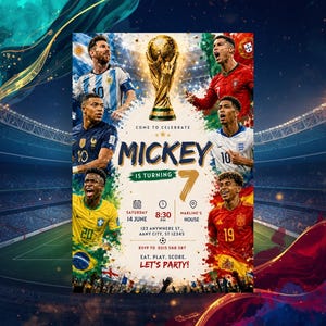 May include: A football-themed birthday invitation flyer featuring the FIFA World Cup trophy at the top, surrounded by six professional football players in their national team jerseys. The text reads MICKEY IS TURNING 7, with event details below.