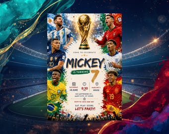 Modèle d'invitation d'anniversaire sur le thème du football, invitation modifiable, thème Coupe du Monde, invitation numérique pour une fête sportive d'enfants à télécharger