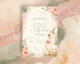 First Birthday Goose Girl, Silly Goose Party, Floral One Invite, Printable Pink Green Invitation