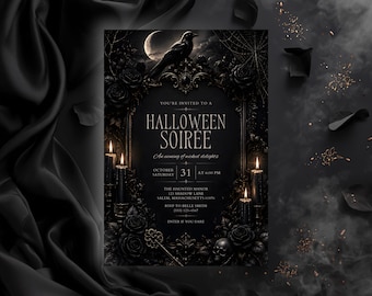 Plantilla gótica de Halloween, invitación a fiesta de cuervos, velada victoriana oscura de Halloween, invitación espeluznante editable
