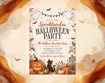 Editable Halloween Party, Spooky Ghost Invite, Haunted House Template, Pumpkin Party Invitation