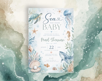 Invitación para baby shower, invitación con temática oceánica, baby shower bajo el mar, plantilla imprimible editable