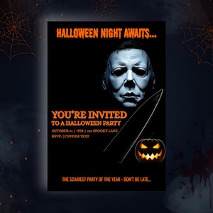 May include: A Halloween party invitation with a black background. The invitation features a white mask, a knife, and a jack-o'-lantern. Text includes "Halloween Night Awaits..." and "You're Invited to a Halloween Party."