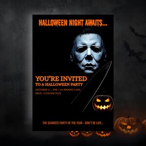 May include: A Halloween party invitation on a black background. The text reads "Halloween Night Awaits..." and "You're Invited to a Halloween Party." The design includes a white mask, a knife, and a carved pumpkin.