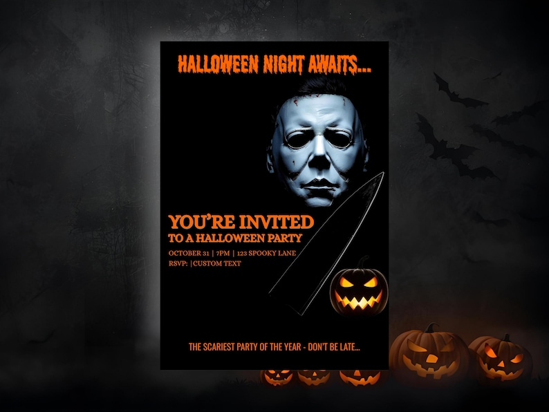 May include: A Halloween party invitation on a black background. The text reads "Halloween Night Awaits..." and "You're Invited to a Halloween Party." The design includes a white mask, a knife, and a carved pumpkin.