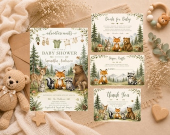 Woodland Adventure Baby Shower Bundle, Forest Animal Invitation, Books for Baby, Diaper Raffle, Thank You Card, BBS001