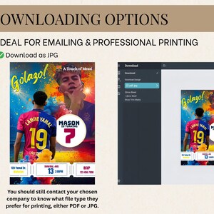 K&ouml;nnte beinhalten: Digitales Einladungsdesign mit Fu&szlig;ball-Thema. Das Design zeigt ein Spielerbild, den Text "Golazo!" und "A Touch of Messi". Enth&auml;lt Eventdetails und Download-Optionen f&uuml;r JPG- und PDF-Formate.