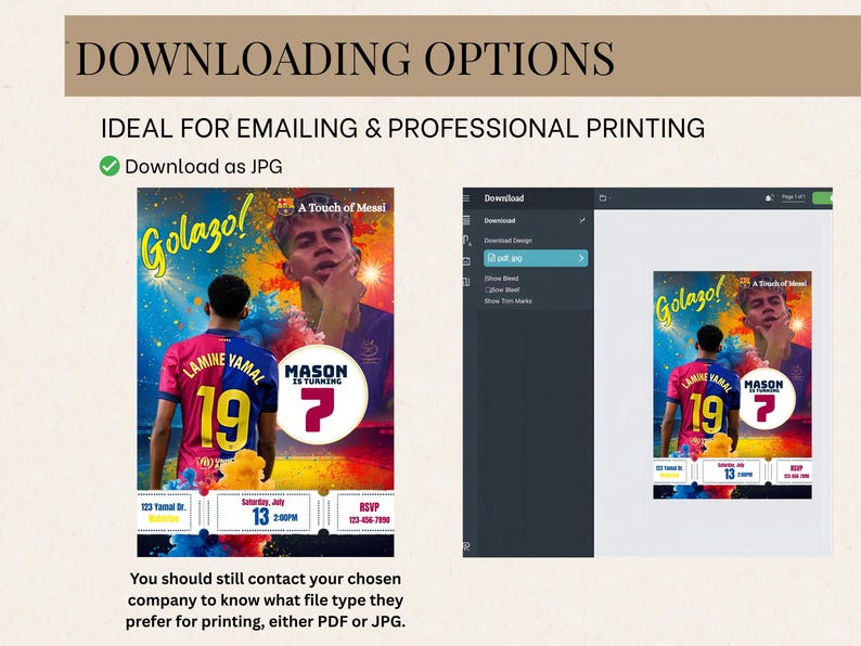 K&ouml;nnte beinhalten: Digitales Einladungsdesign mit Fu&szlig;ball-Thema. Das Design zeigt ein Spielerbild, den Text "Golazo!" und "A Touch of Messi". Enth&auml;lt Eventdetails und Download-Optionen f&uuml;r JPG- und PDF-Formate.