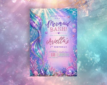 Mermaid Birthday Invitation Girl, Under the Sea Party, First Birthday Bash, Editable Invite, Ocean Theme