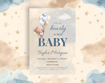 Blue Bear Baby Shower Invitation Boy Editable Canva Template