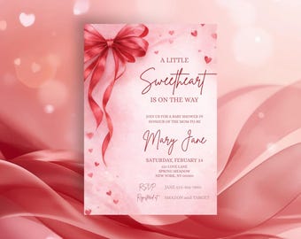 Valentine Baby Shower Invitation, Red Ribbon, Pink Heart (Printable Canva Template)