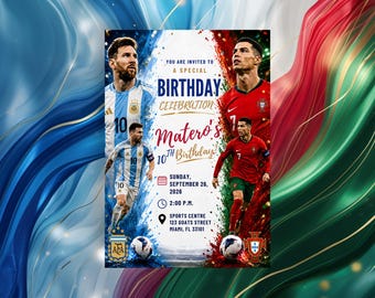 Soccer Birthday Invitation, Argentina Portugal Football Party Invite, Editable Messi Ronaldo Birthday Template, Digital Download
